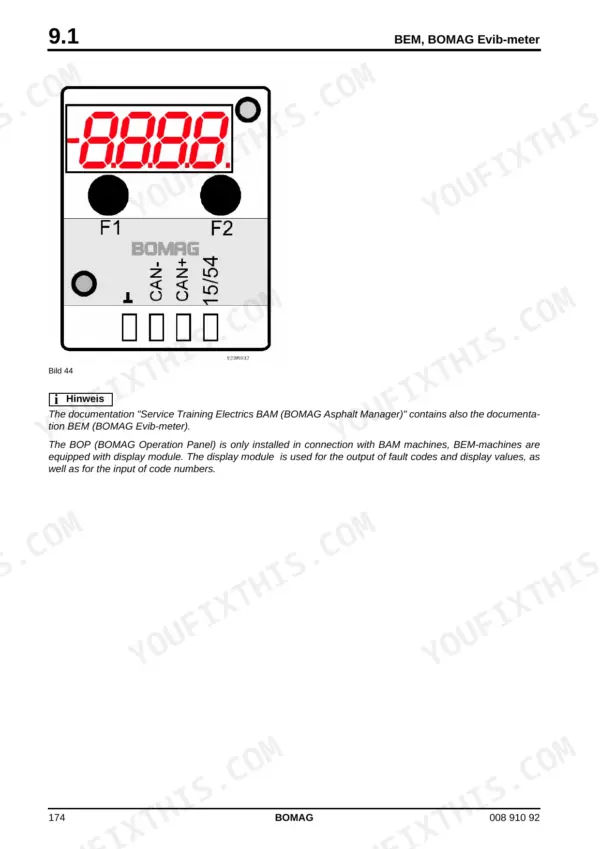 Bomag BW 141 AD-4, BW 151 AD-4, BW 151 AC-4, BW 161 ADCV BEM Evib-meter display module diagram and operation description.