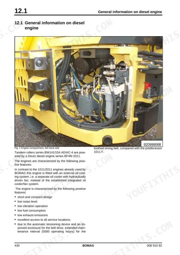 Bomag BW 141/151 AD-4 service manual — engine: photo of the Deutz BF4M 2011 engine compartment plus intro text on its features
