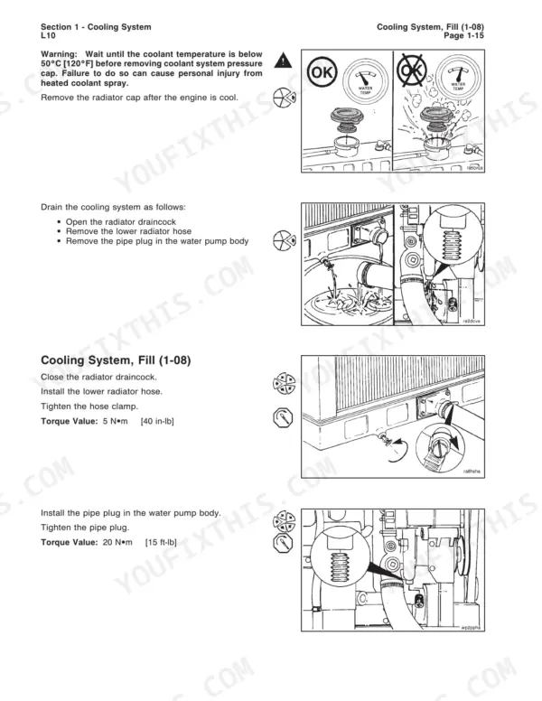 Cummins L10 cooling system draining and filling procedures with torque specifications for radiator hose and water pump plug.