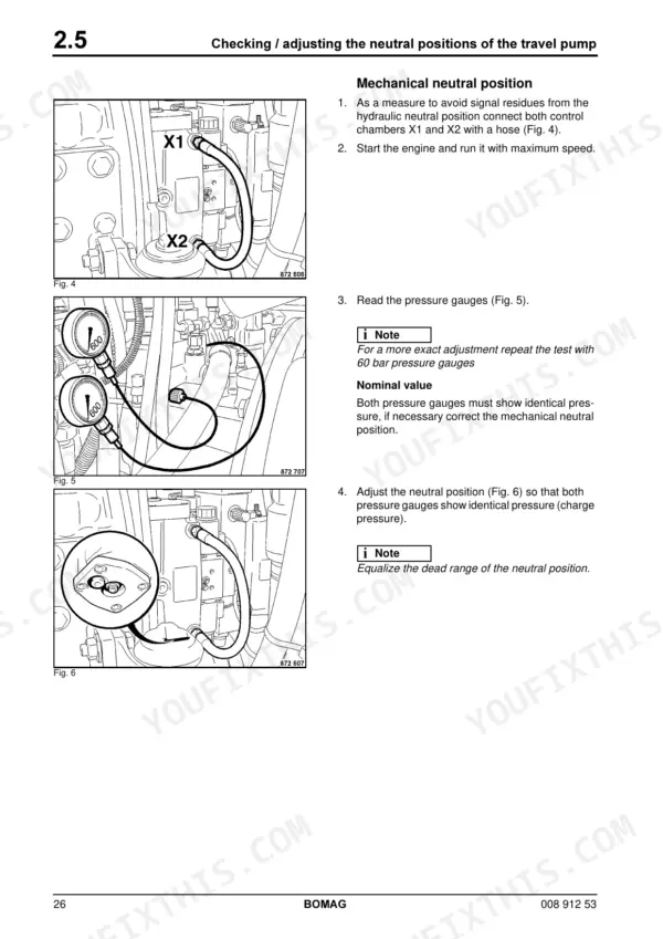 Bomag BW 180 AD procedure for checking and adjusting the mechanical neutral position of the travel pump using pressure gauges.