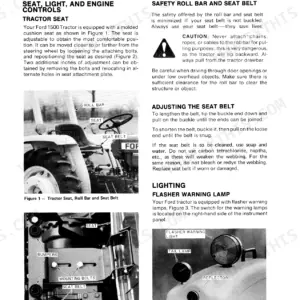 Ford 1500 manual page showing seat adjustment, roll bar safety, and flasher warning lamp controls.