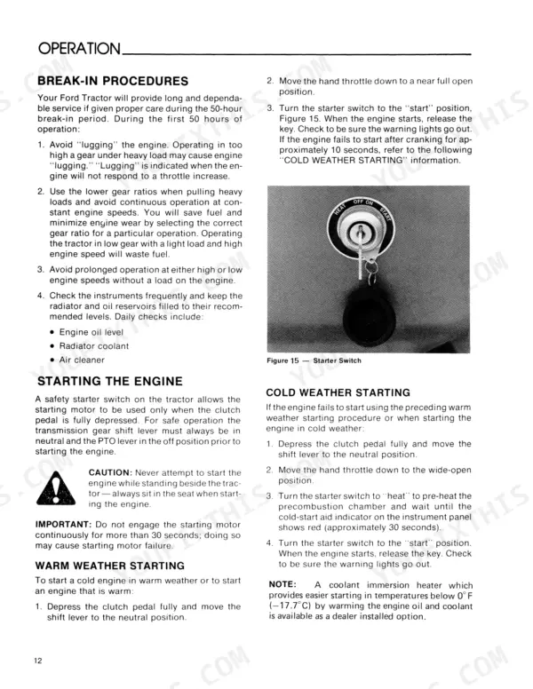 Ford 1500 operator manual page showing engine break-in, starting procedures, and starter switch diagram.