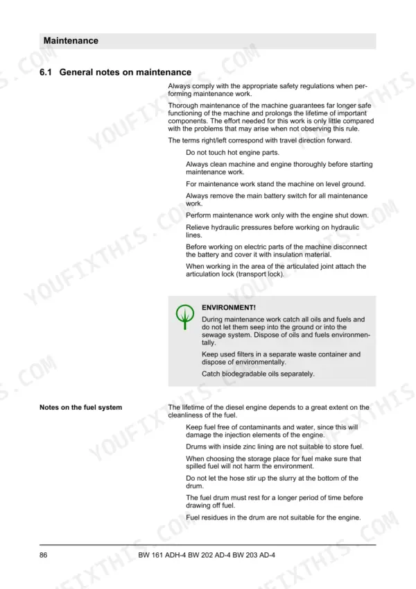 Bomag BW 161 ADH-4, BW 202 AD-4, BW 203 AD-4 maintenance manual page 86 covering general safety notes and fuel system guidelines.