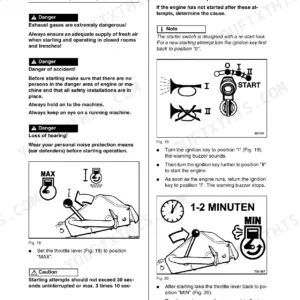 Bomag BPR 70/70 D engine starting procedure, ignition switch positions, and throttle lever operation instructions.