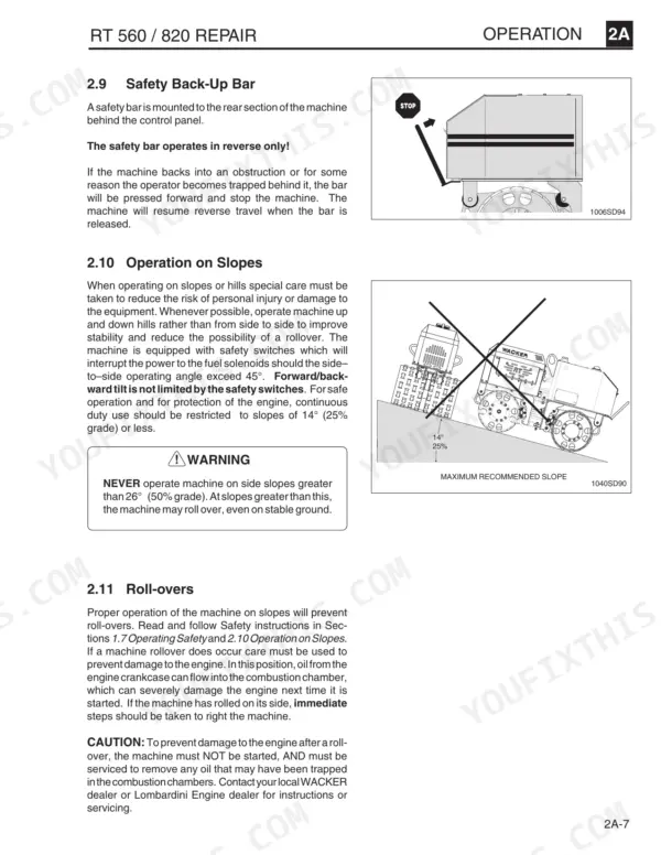 Wacker RT560, RT820 safety back-up bar operation, slope safety guidelines, and roll-over prevention procedures.