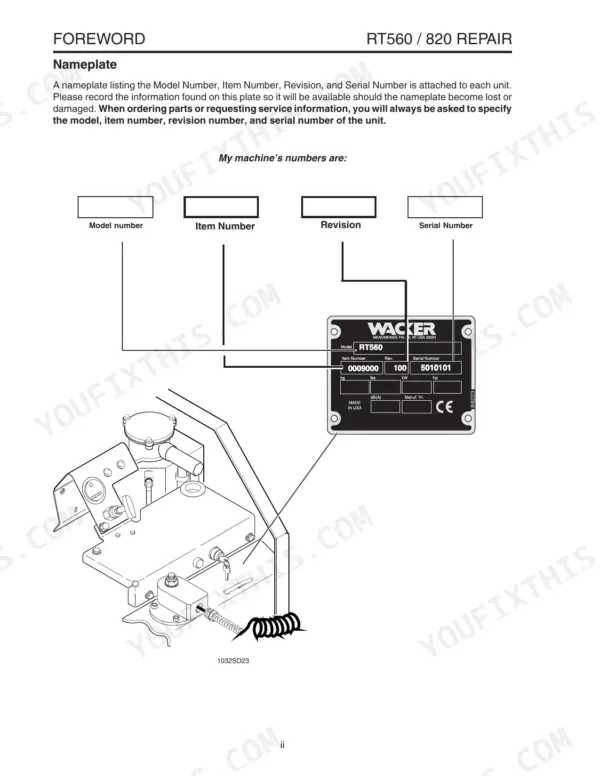 Wacker RT560, RT820 repair manual foreword showing nameplate location, model, item, revision, and serial number identification.