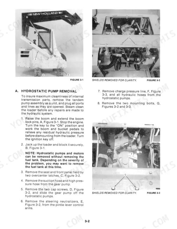 New Holland L-555 hydrostatic pump removal procedure with diagrams showing pump mounting bolts, hoses, and gear pump removal steps.