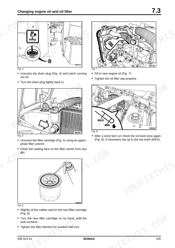 Bomag BW 100 AD-4, BW 100 AC-4, BW 120 AD-4, BW 120 AC-4 engine oil and filter change procedure diagrams and instructions.