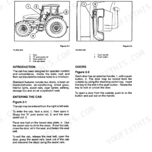 New Holland 8670, 8770, 8870, 8970 operator manual showing cab entry procedures, door handle operation, and assist rail locations.