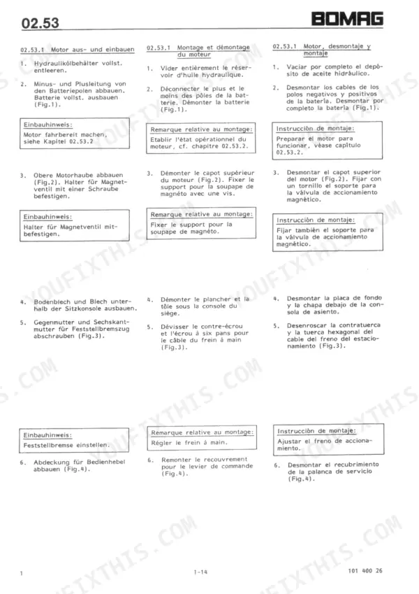 Bomag BW 213 D/PD/PDB service manual page detailing engine removal and installation procedures.