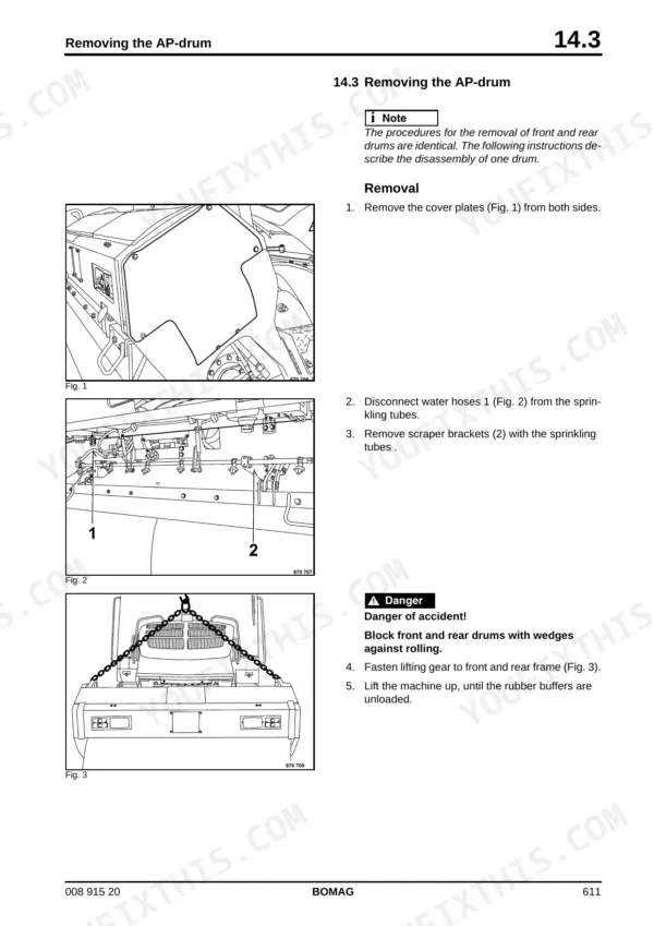 Bomag BW 174 AP AM, BW 174 ACP AM service manual procedure for removing the AP-drum, including cover plate and water hose removal.
