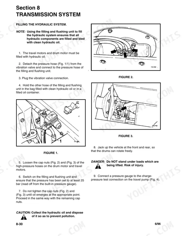 Bomag BW124D, BW124PD, BW124PDB transmission system hydraulic filling procedure with diagrams of hose and motor connections.