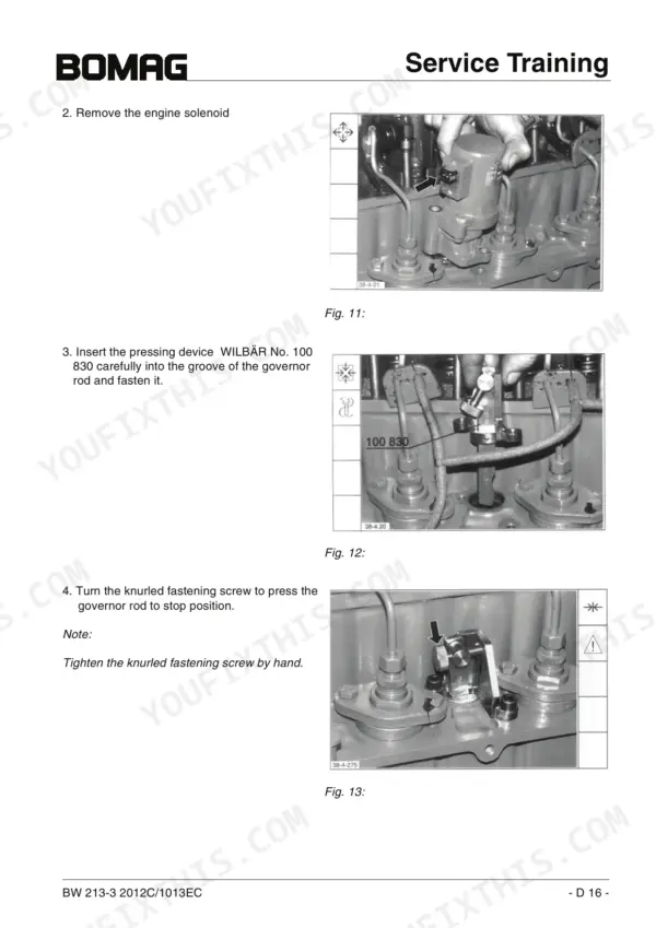 Bomag BW 213 / BW 214-3 Series: Engine solenoid removal and governor rod pressing device installation procedure steps.