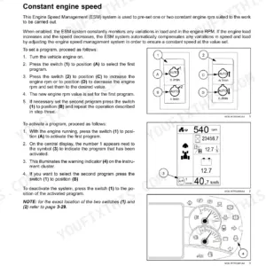 New Holland T5.75, T5.85, T5.95, T5.105, T5.115 Engine Speed Management (ESM) operation procedures, switch diagrams, and display icons.