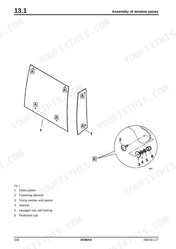 Bomag BW 190/203 AD-4 AM service manual — cab windows: exploded diagram of window pane fastening with washers, nut and protective cap