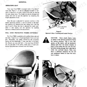Ford 7500 operator manual page showing seat adjustment, turnabout seat controls, and roll over protective frame safety.
