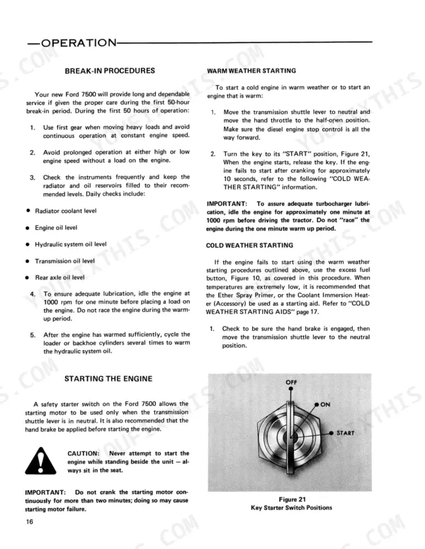 Ford 7500 operator manual page covering engine break-in, warm and cold weather starting procedures, and starter switch.