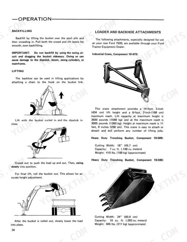 Ford 7500 backhoe operation, lifting procedures, and industrial crane and trenching bucket attachment specifications.