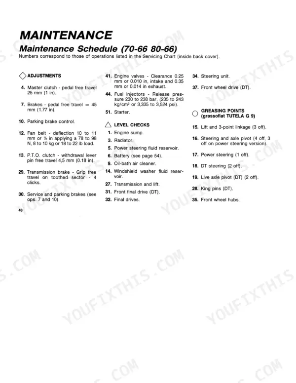 Fiat 70-66, 80-66 maintenance schedule listing adjustments, level checks, and greasing points.