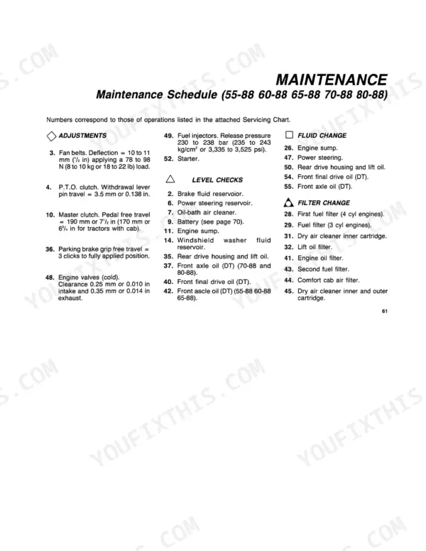 New Holland 55-88, 60-88, 65-88, 70-88, 80-88 maintenance schedule listing adjustments, level checks, fluid and filter changes.