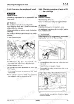 Bomag BF 800 C procedures for checking engine oil level and changing engine oil and filter cartridge with diagrams.