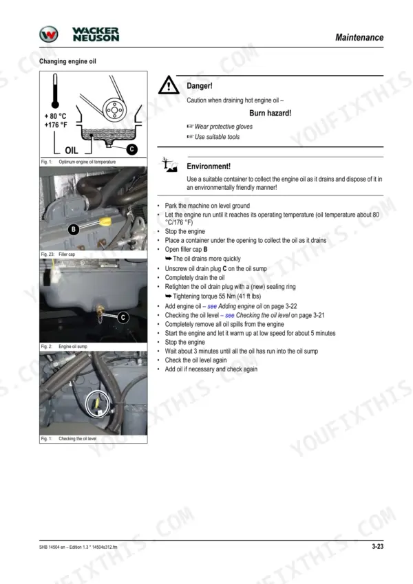 Wacker Neuson 14504 maintenance manual page showing engine oil change procedure, filler cap, oil sump drain plug, and level check.