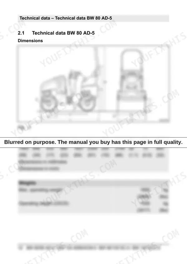Bomag BW 80 AD-5, BW 90 AD-5, BW 100 ADM-5, BW 90 SC-5, BW 100 SC-5, BW 100 ACM-5, BW 100 SCC-5 technical data, dimensions, and weights.