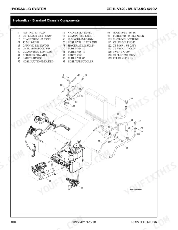 Gehl V420 / Mustang 4200V exploded view of standard chassis hydraulic system components and parts list.