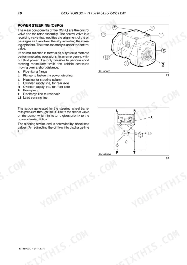 New Holland M427, M428, M459 power steering OSPQ hydraulic system components, port identification, and circuit diagram.