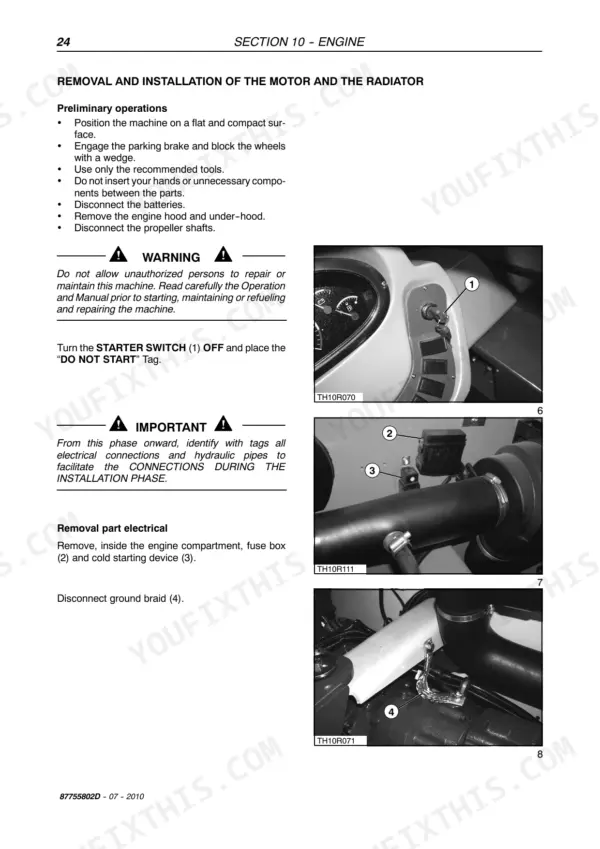New Holland M427, M428, M459 engine and radiator removal procedure, showing starter switch, fuse box, and ground braid locations.