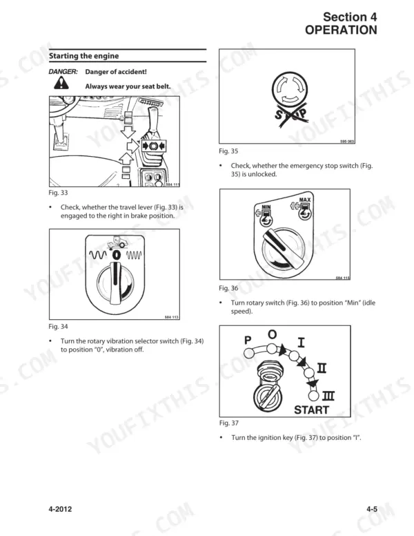 Bomag BW177D-50, BW177DH-50, BW177PDH-50 engine starting procedure diagrams showing travel lever, vibration, emergency stop, and ignition.
