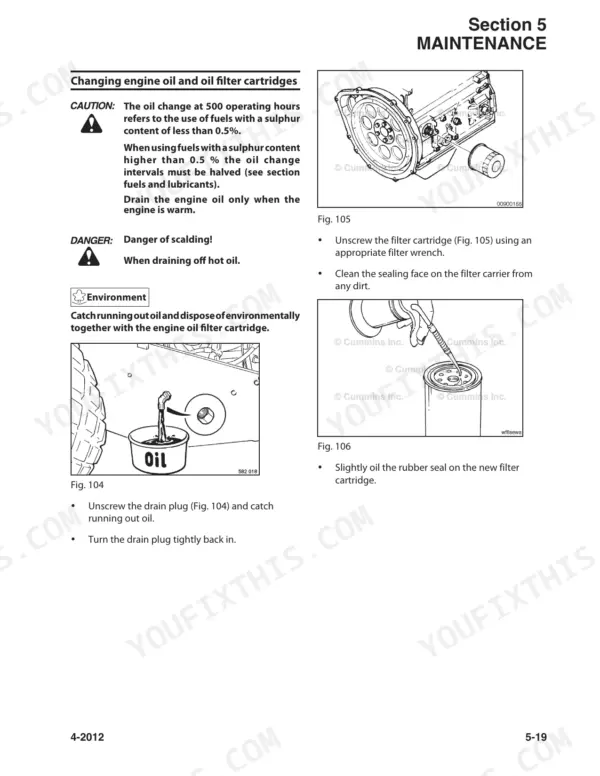 Bomag BW177D-50, BW177DH-50, BW177PDH-50 maintenance procedure for changing engine oil and oil filter cartridges.