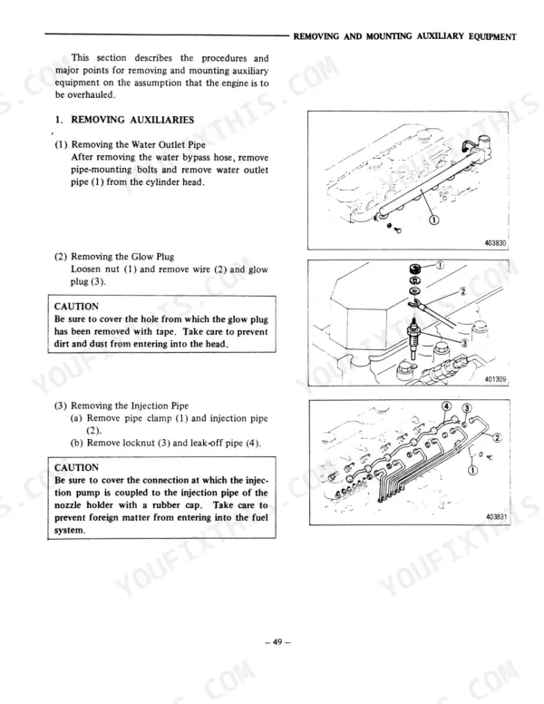 Mitsubishi S6E, S6E2 procedures for removing water outlet pipe, glow plug, and injection pipe with component diagrams.