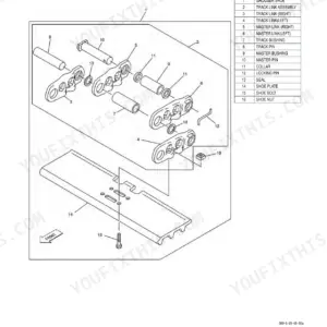 Link-Belt 135 lower mechanism exploded view showing track shoe, link assembly, pins, bushings, and parts list table.