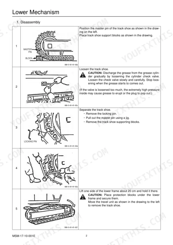 Link-Belt 135 lower mechanism track shoe disassembly procedure steps, including master pin removal and grease cylinder discharge.