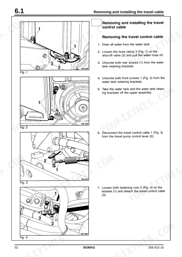 Bomag BW 75 H service manual page showing procedures for removing and installing the travel control cable and water tank.