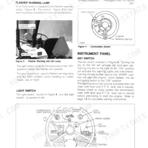 Ford 3415 controls and instrument panel manual page showing light switch, flasher warning lamp, and key switch operation diagrams.