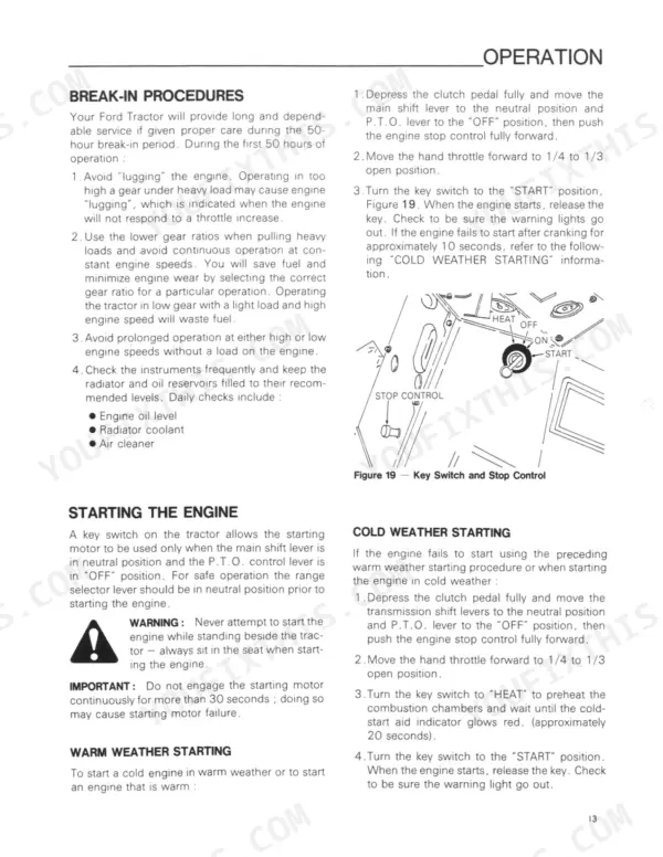 Ford 3415 tractor manual page showing engine break-in, starting procedures, and key switch diagram for cold and warm weather.