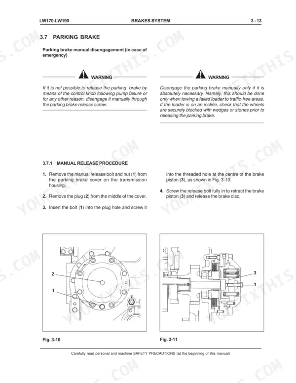New Holland LW170, LW190 parking brake manual release procedure, including diagrams of the brake housing and piston components.