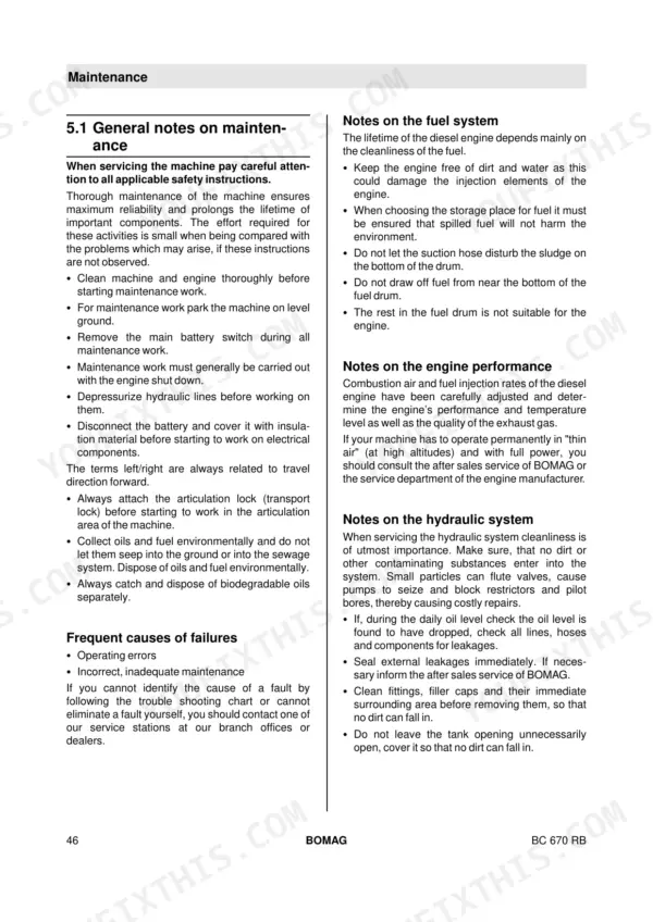 Bomag BC 670 RB maintenance manual page covering general safety, fuel system, engine performance, and hydraulic system notes.