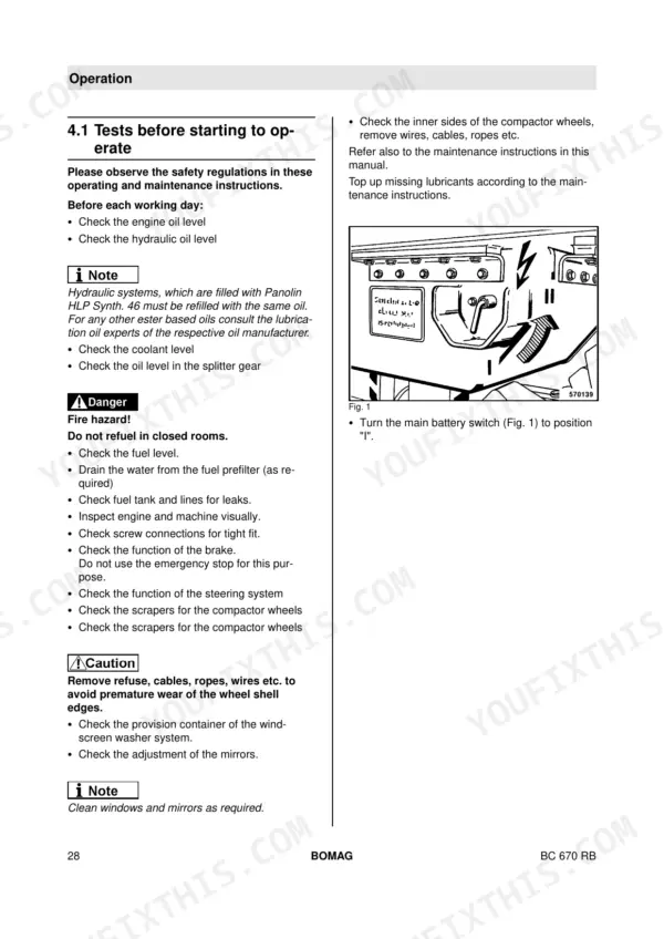 Bomag BC 670 RB operation manual page showing daily pre-start checks and main battery switch location diagram.