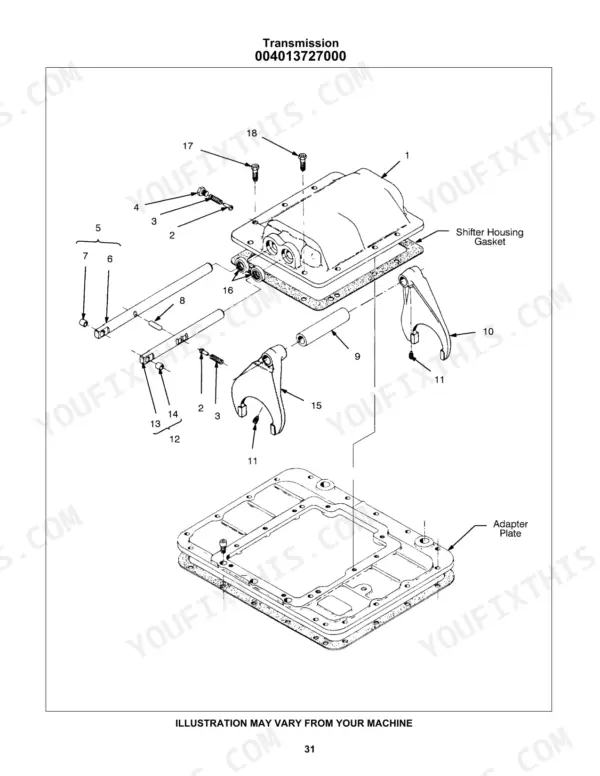 Bomag RS950 and RS950B transmission shifter housing exploded view