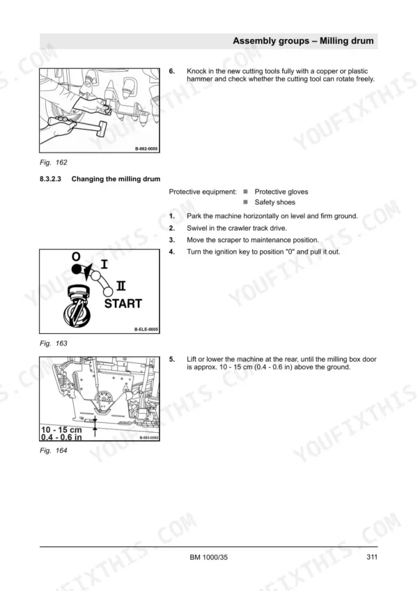 Bomag BM 1000/35 service manual procedure for changing the milling drum, including ignition and milling box height adjustment.