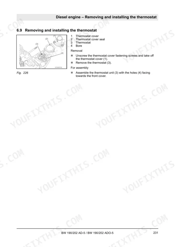 Bomag BW 190/202 AD-5 and ADO-5 diesel engine thermostat removal procedure.