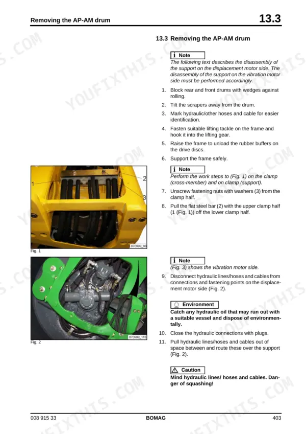 Bomag BW 154 AP AM service manual procedure for removing the AP-AM drum, including hydraulic hose and clamp disassembly steps.