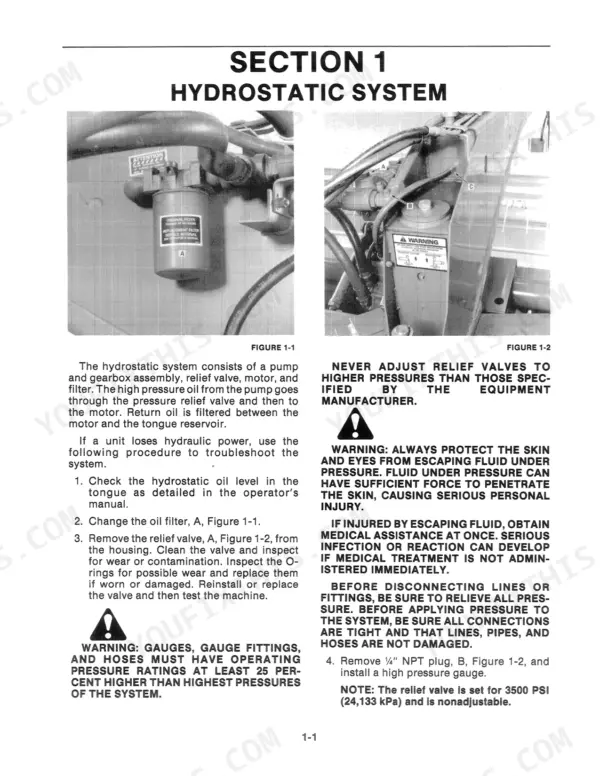 New Holland 116 hydrostatic system troubleshooting, oil filter replacement, and relief valve inspection procedures.