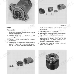 New Holland 116 hydrostatic pump disassembly procedure with exploded view diagrams of pump components, gear, and piston block.