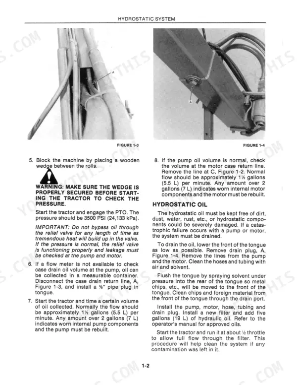 New Holland 116 hydrostatic system service procedures, pump oil volume testing, and oil draining instructions with component diagrams.