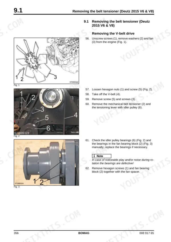 Bomag BC 772 RS-2, BC 772 RB-2, BC 672 RS-2, BC 772 EB-2 service manual procedure for removing the Deutz 2015 V-belt drive and tensioner.
