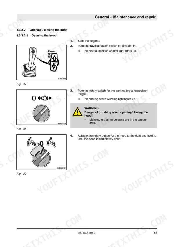Bomag BC 573 RB-3 maintenance procedure for opening the engine hood using the travel switch, parking brake, and rotary button.